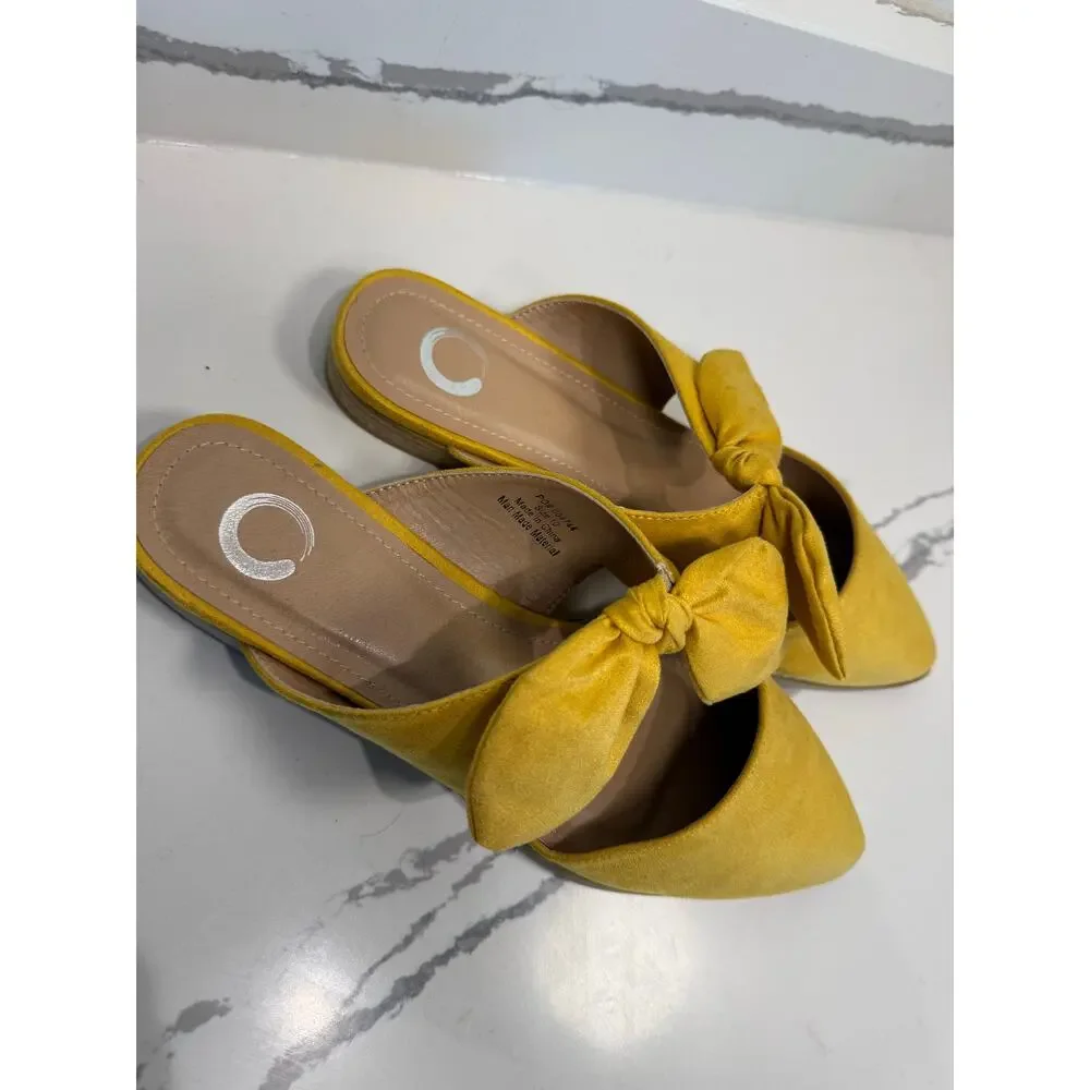 Women's Telulah Bow Slip On Flat Mules Yellow Faux Suede‎ Size 10